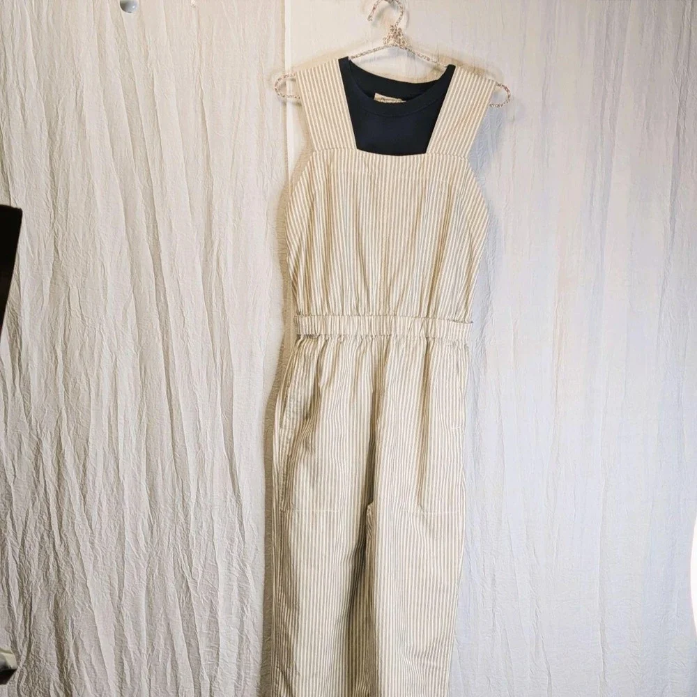 Everlane Fatigue Apron Striped Jumpsuit (S) & Madewell Navy Blue Tank (M)